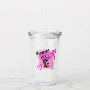 Pink Sweet 16 Airbrush Aesthetic Topped with Crown Acrylic Tumbler