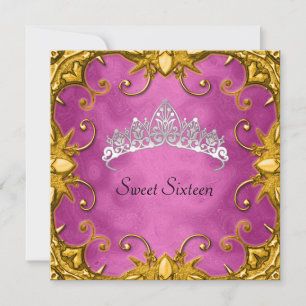 Pink Sweet 16 Birthday Party Gold White Tiara Invitation