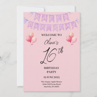 Pink Sweet 16 Birthday Party Invitation