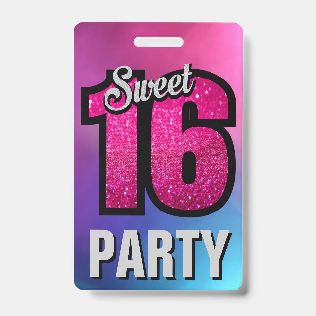 Pink Sweet 16 Birthday Party Invitation ID Card Badge (Front)
