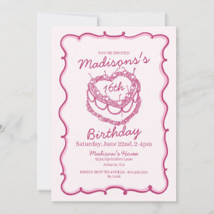 Pink Sweet 16 Heart Coquette Cherry Cake Birthday Invitation