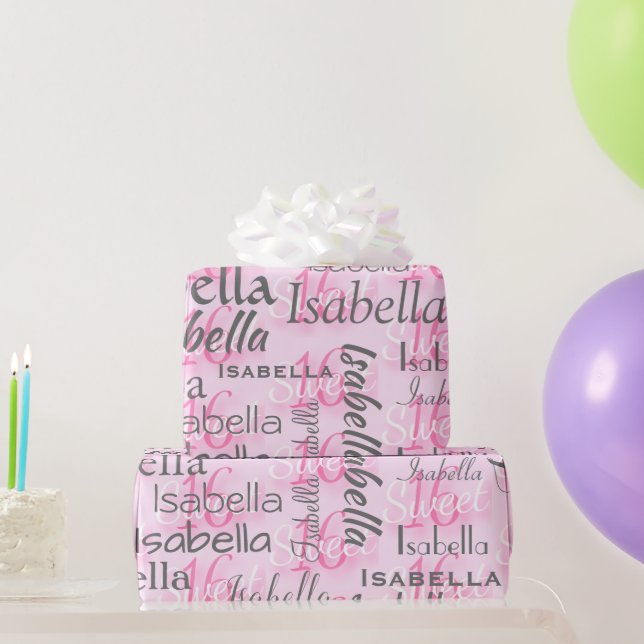 Pink Sweet 16 Personalise Name Wrapping Paper (Party Gifts)