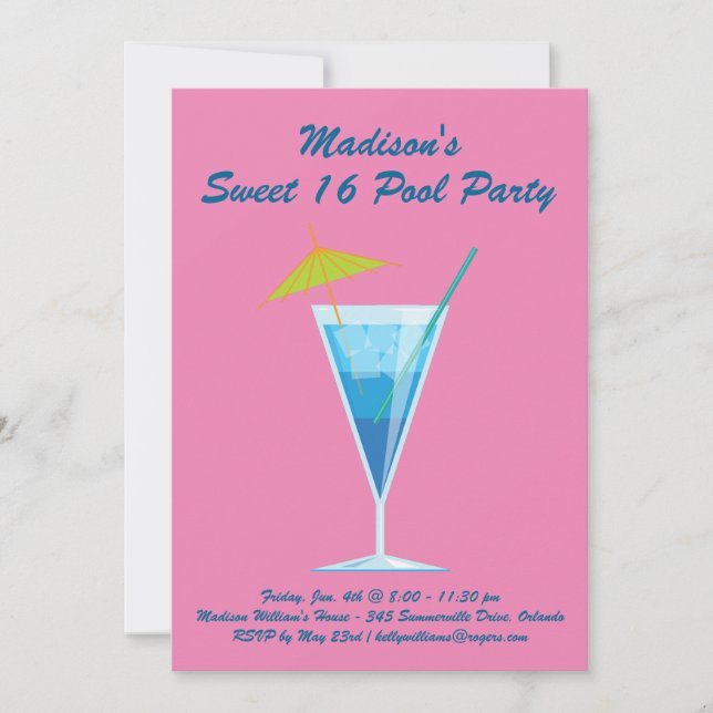 Pink Sweet 16 Pool Party Invitation (Front)