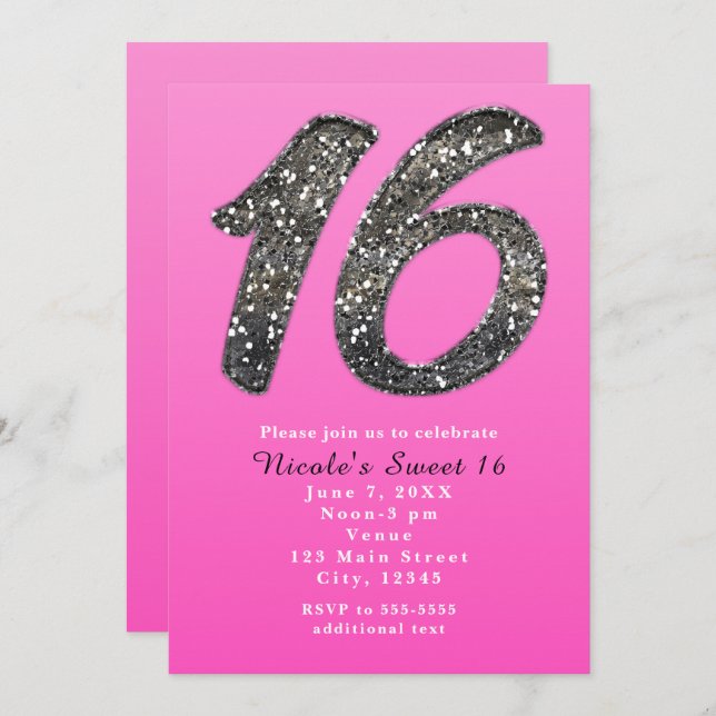 Pink Sweet 16 Silver Glitter Party Invitations (Front/Back)