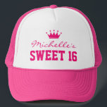 Pink sweet 16 Trucker Hat with princess crown<br><div class="desc">Pink sweet 16 Trucker Hat with princess crown. Cute cap for girl's sixteenth Birthday party. Personalise with name.</div>