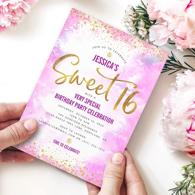 Pink Sweet 16 Watercolor Gold Birthday Modern Bold Invitation (Creator Uploaded)