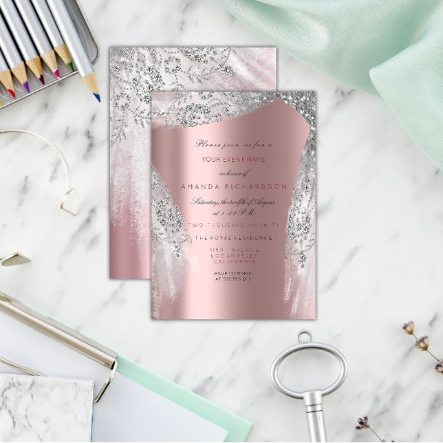 Pink Sweet 16th Bridal Silver Grey Rose Sparkly Invitation (Pink Sweet 16th Bridal Silver Gray Rose Sparkly Invitation)