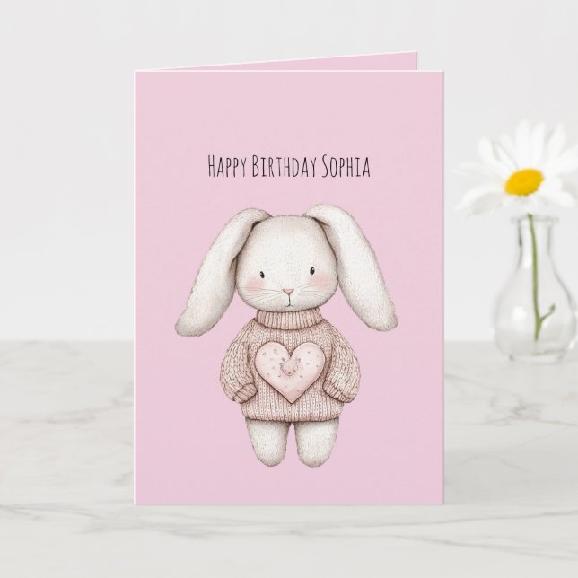 Pink Sweet Cute Bunny Pink Sweater Heart Birthday Card (Small Plant)
