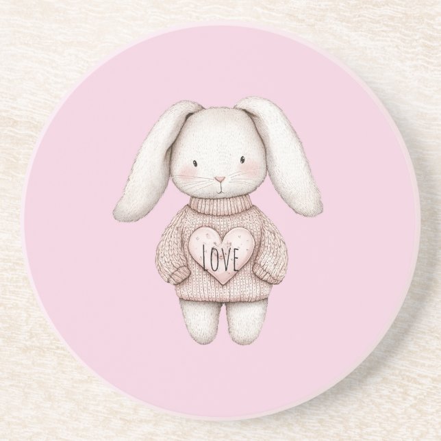 Pink Sweet Cute Bunny Pink Sweater Heart Coaster (Front)