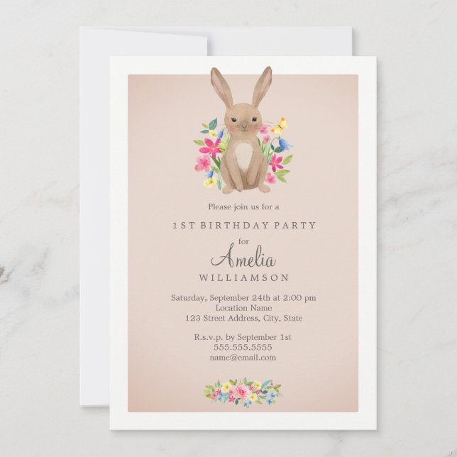 Pink Sweet Floral Bunny First Birthday Invitation (Front)