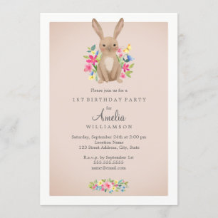 Pink Sweet Floral Bunny First Birthday Invitation