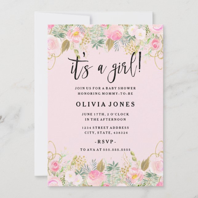 Pink Sweet Floral Its a Girl Baby Shower Invite (Front)
