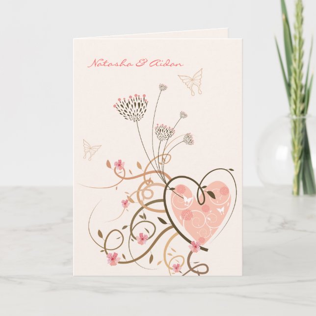 Pink Sweet Heart & Butterfly Swirls Wedding Card (Front)