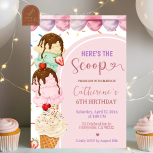 Pink Sweet Ice Cream Here's the scoop girl birthda Invitation