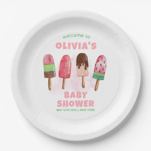 Pink Sweet Ice Cream Popcicle Baby Shower Welcome Paper Plate