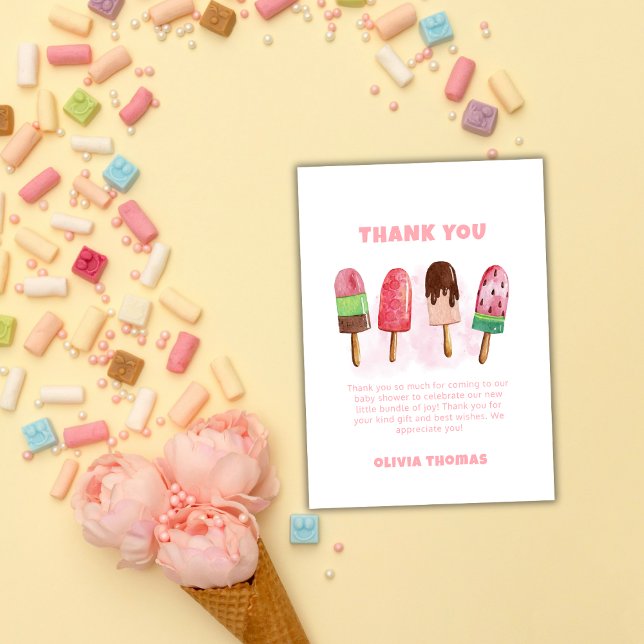 Pink Sweet Ice Cream Popcicle Baby Shower Welcome  Thank You Card (Pink Sweet Ice Cream Popcicle Baby Shower Welcome Thank You Card)