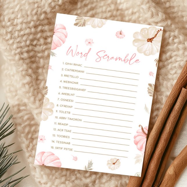Pink Sweet Little Pumpkin Fall Word Scramble Game (Girl Fall Pumpkin Baby Shower Word Scramble Game)
