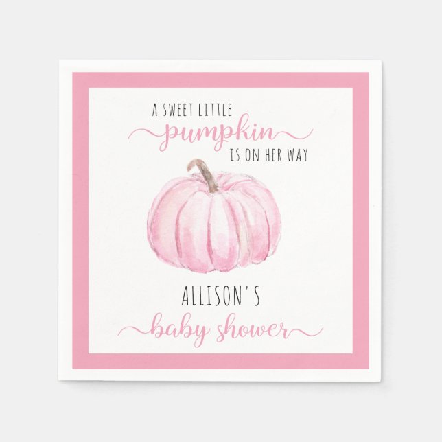 Pink Sweet Little Pumpkin Watercolor Baby Shower Napkin (Front)