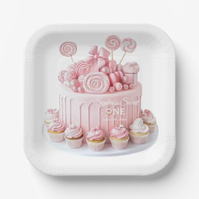 Pink Sweet One Birthday Paper Plates (Front)