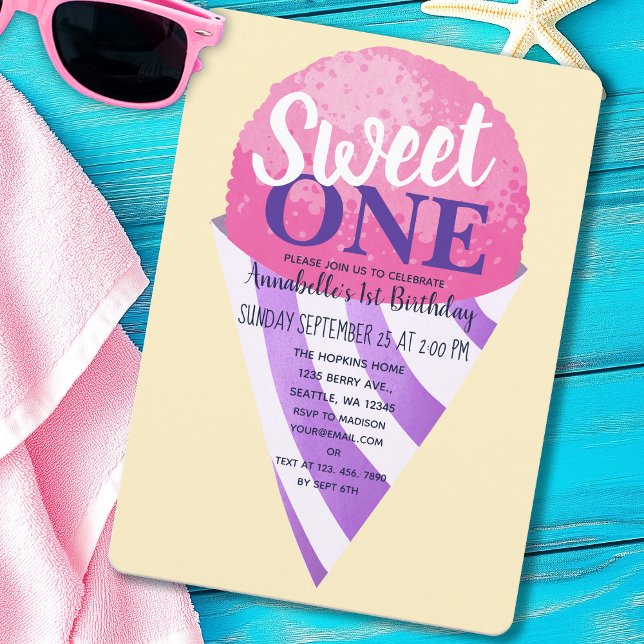 Pink Sweet One Snow Cone Kids First Birthday Invitation (Creator Uploaded)