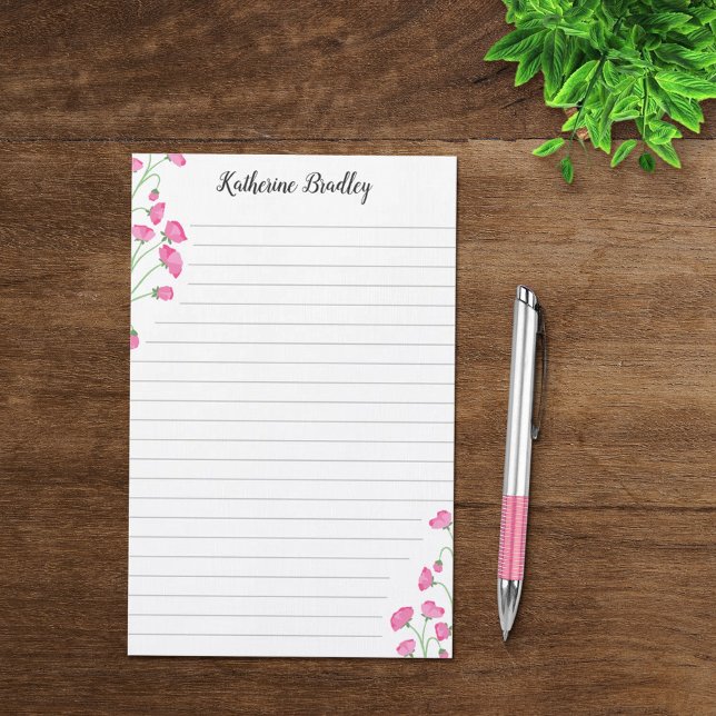Pink Sweet Pea Floral Add Names Lined Stationery (Creator Uploaded)