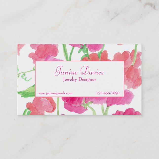 Pink Sweet Peas Watercolor Flowers Custom Business Card (Front)