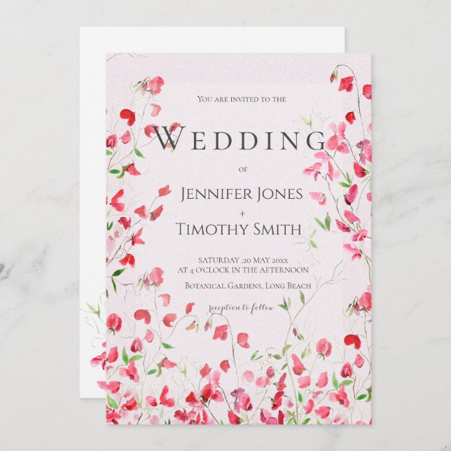 pink sweet peas watercolour 2 wedding invitation  (Front/Back)