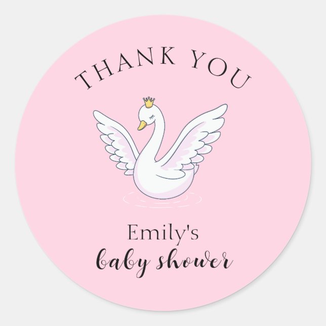 Pink Sweet Princess Swan Baby Shower Thank You Classic Round Sticker (Front)