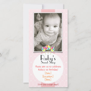 Pink Sweet Shop Lollipop Birthday Party Invitation