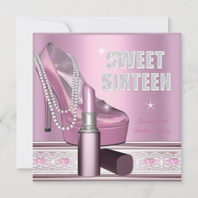 Pink Sweet Sixteen 16 Party Shoe Lipstick Invitation (Front)