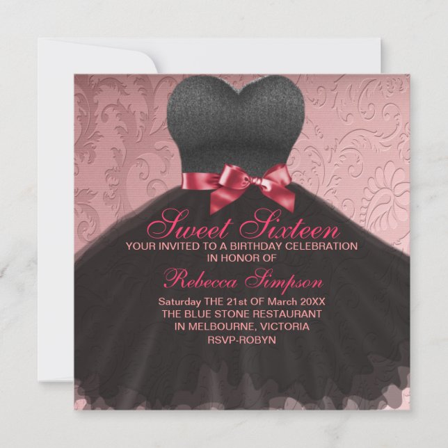 Pink Sweet Sixteen Black Dress Birthday Invitation (Front)
