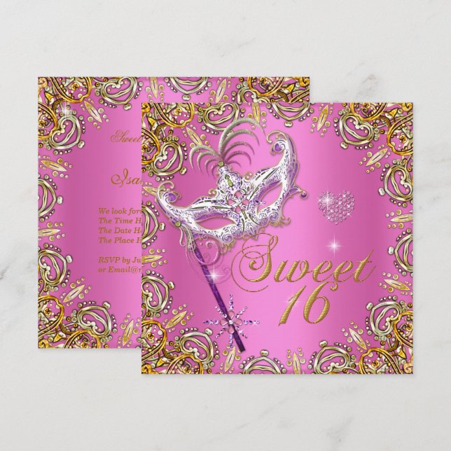 Pink Sweet Sixteen Sweet 16 Masquerade Gold Invitation (Front/Back)