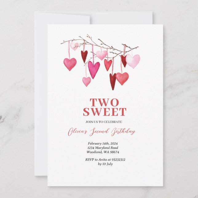 Pink Sweet TWO Valentine Heart Balloon Birthday Invitation (Front)