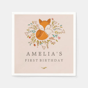 Pink Sweet Woodland Fox 1st Birthday Napkin