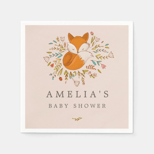 Pink Sweet Woodland Fox Baby Shower Napkin (Front)