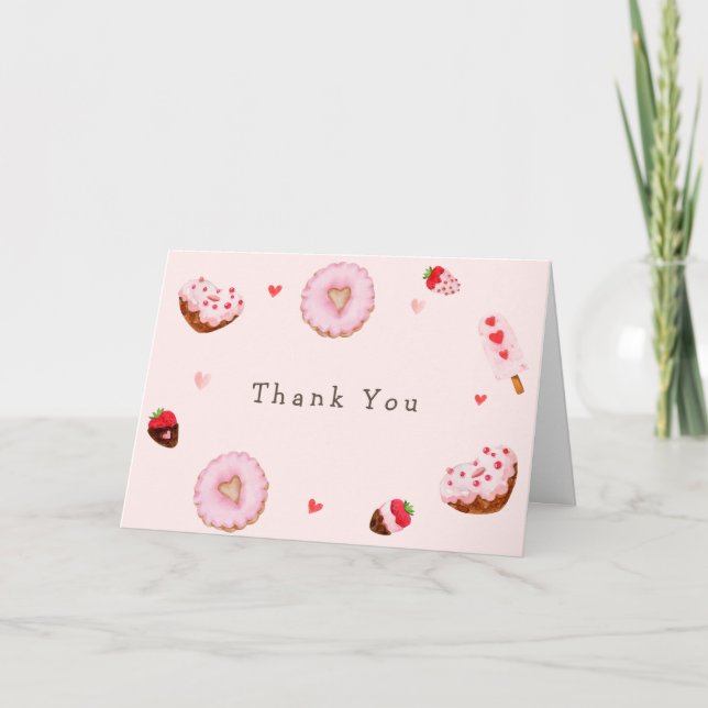 Pink Sweetheart Doughnuts Valentines Baby Shower Thank You Card (Front)