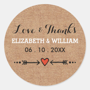 Pink Sweethearts & Arrows Burlap Love and Thanks Classic Round Sticker