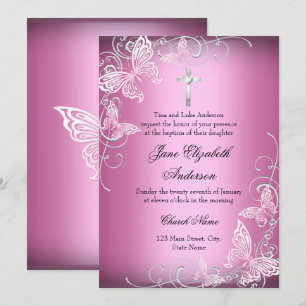 Pink Swirl Butterfly Cross Baptism Invite