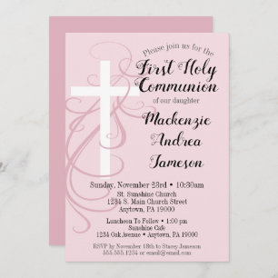 Pink Swirl Cross First Holy Communion Invitation