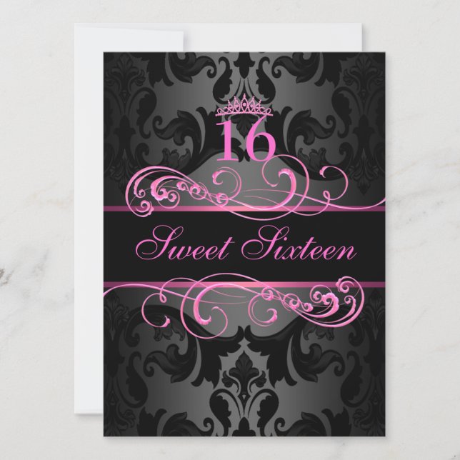 Pink Swirl Damask Sweet16 Birthday Invite (Front)