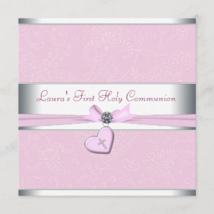 Pink Swirl Heart Pink Cross First Communion Invitation