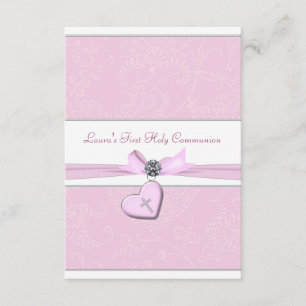 Pink Swirl Heart Pink Cross First Communion Invitation