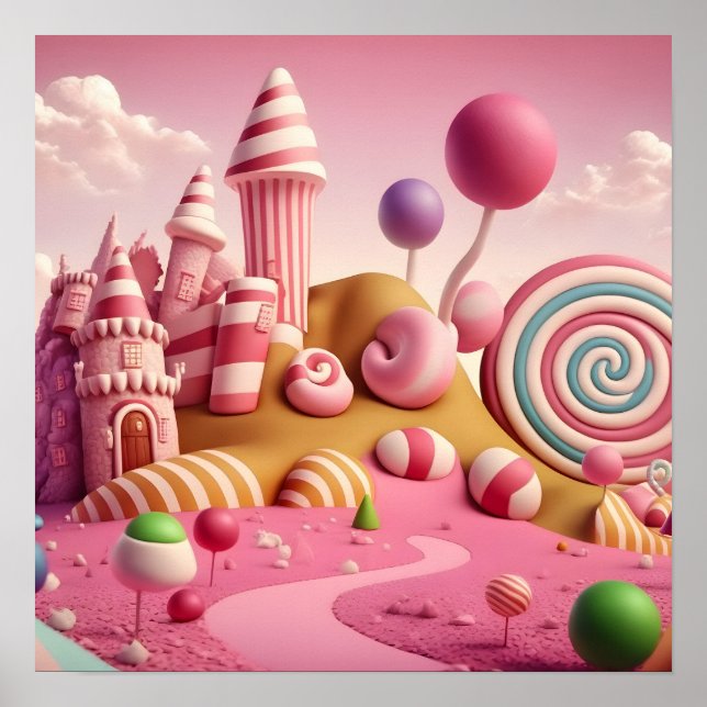 Pink Swirl Lollipop Candy Land Scene Poster (Front)