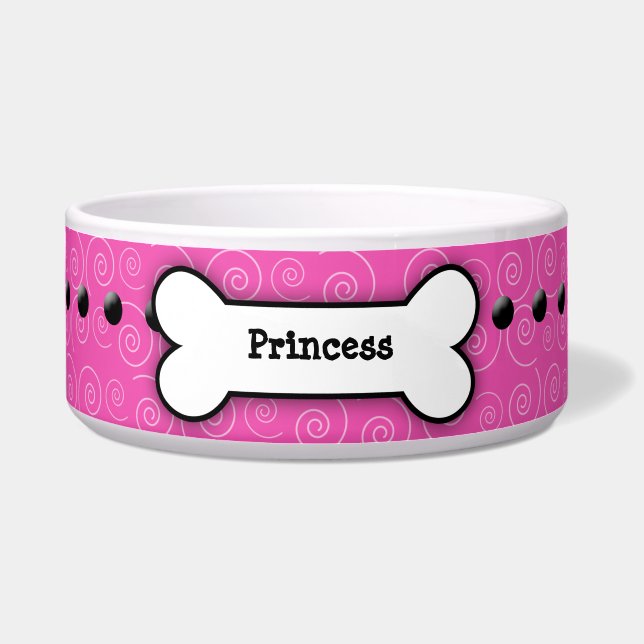 Pink Swirl Trendy Dog Bone Dog Dish (Front)
