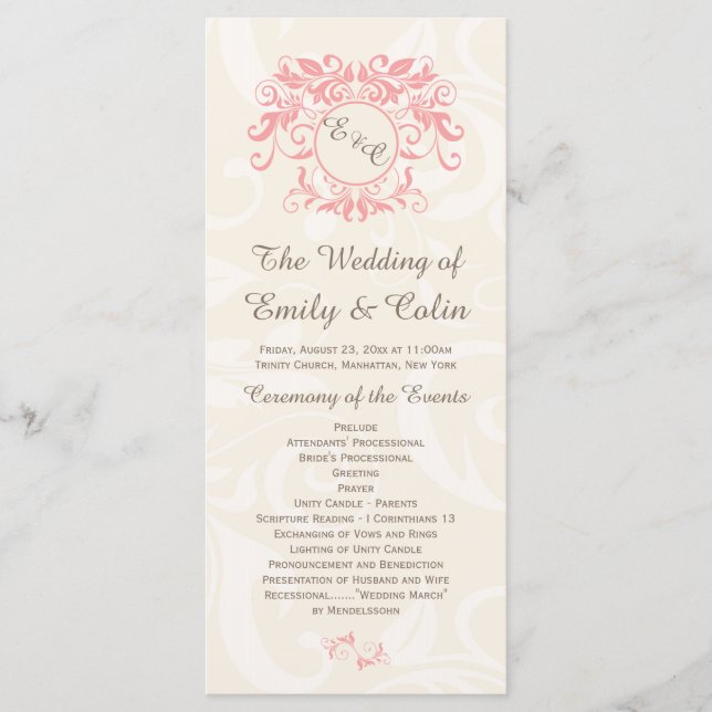 Pink swirls on pale cream damask Wedding Program Programme (Front)