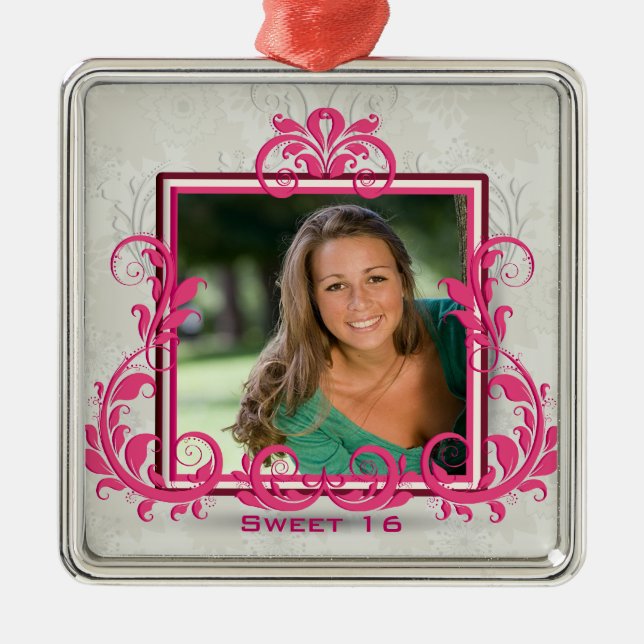 Pink swirls photo frame sweet sixteen ornament (Front)