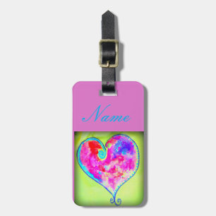 pink swirly heart green luggage tag