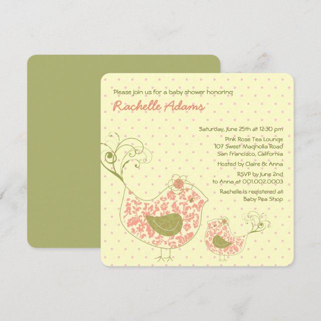 Pink Swirly Mum & Baby Bird Baby Shower Invitation (Front/Back)
