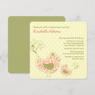 Pink Swirly Mum & Baby Bird Baby Shower Invitation