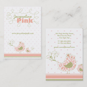 Pink Swirly Whimsical Damask Mummy And Baby Bird Business Card